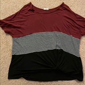 Maurices Tie Front Women's Burgundy and Black Striped color Block Top